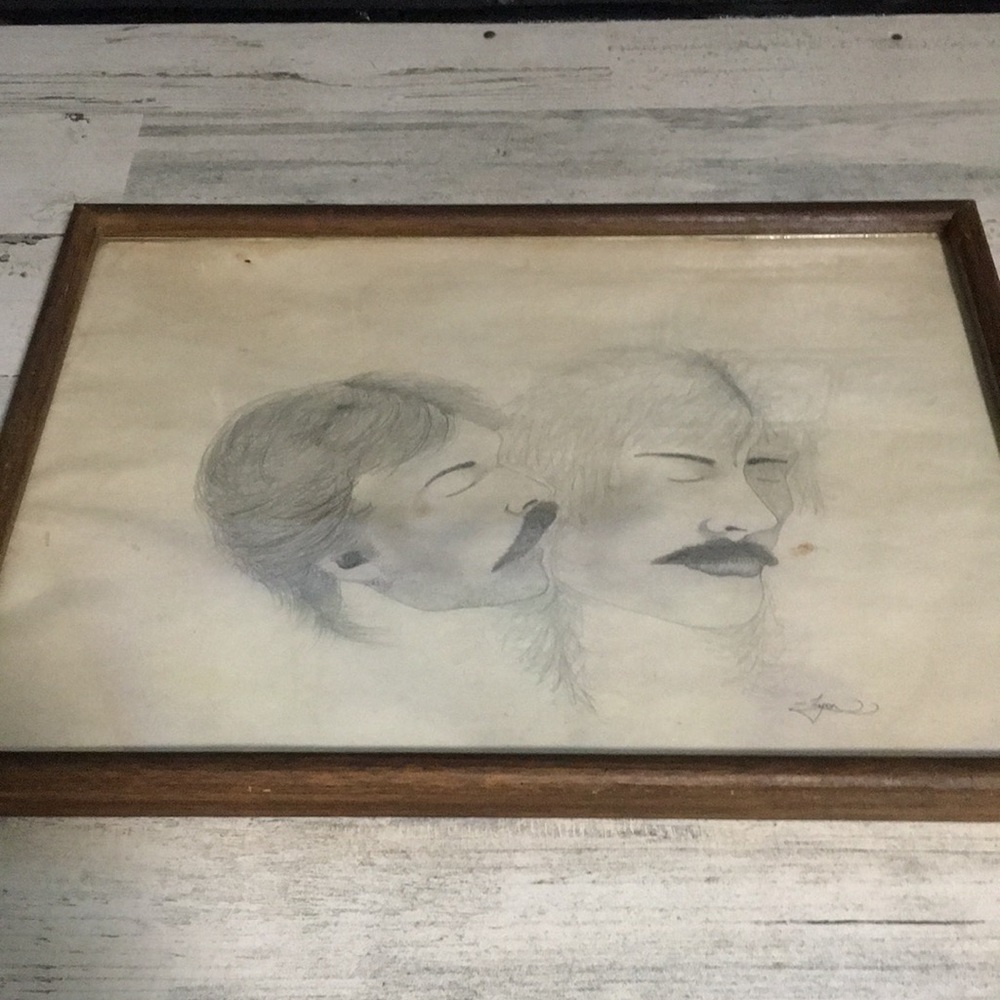 Framed pencil drawn artwork of two men signed Lyon